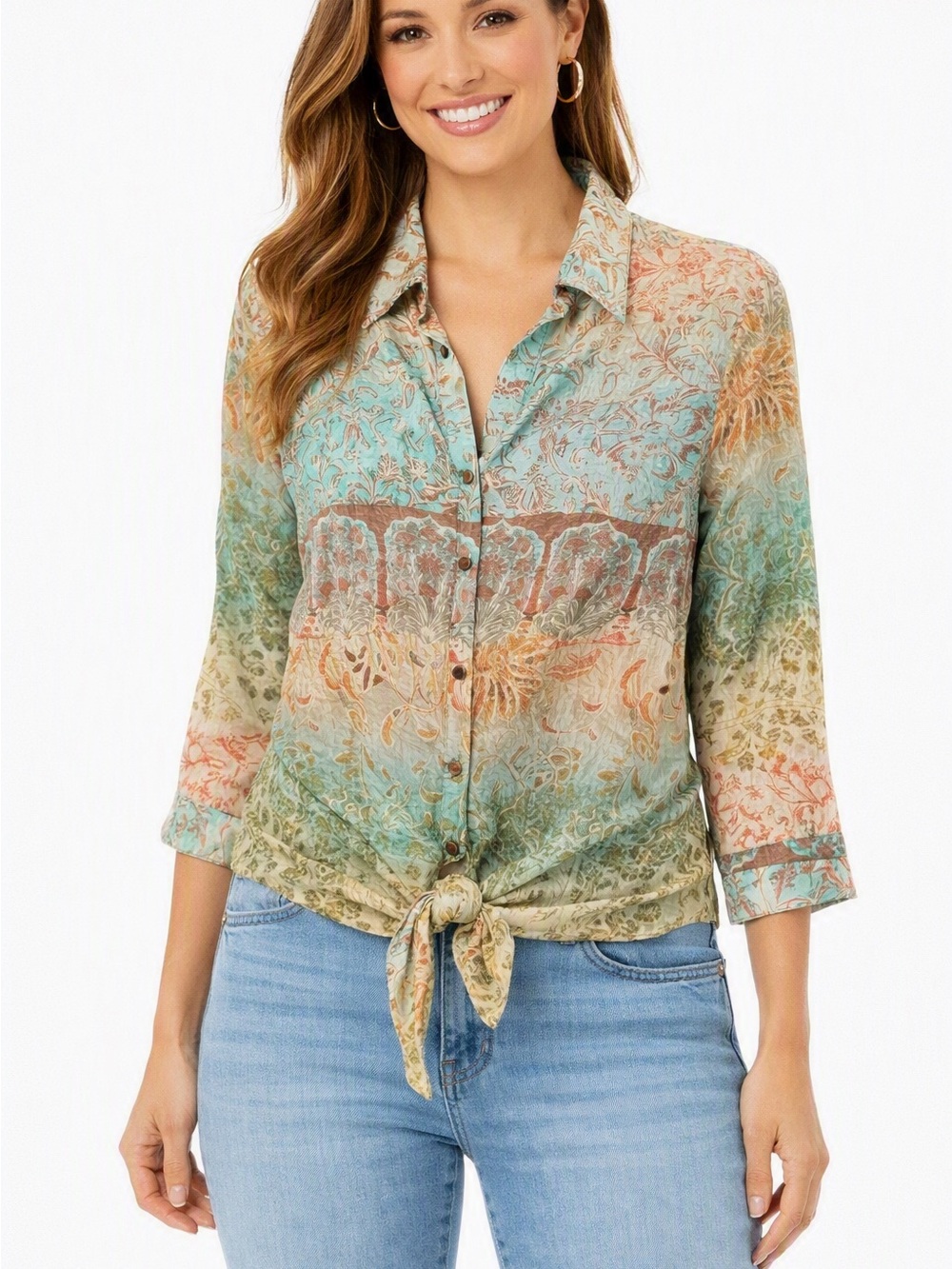 DAVID MEISTER BOHO BUTTON DOWN TIE 3/4 SLEEVE METALLIC THREAD CROP TOP BLOUSE 6